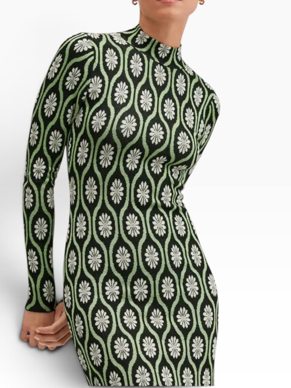 MANGO Black Green Mandarin Neck Open Back Mini Knitwear Dress